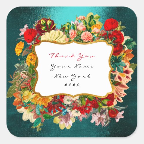 Thank You Gift Label Gold Teal Green Roses Floral