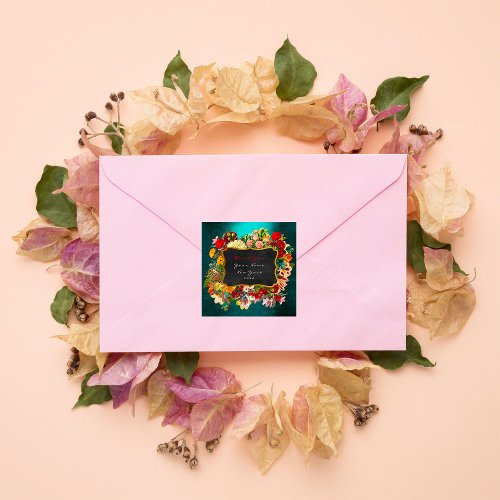 Thank You Gift Label Gold Teal Green Roses Floral