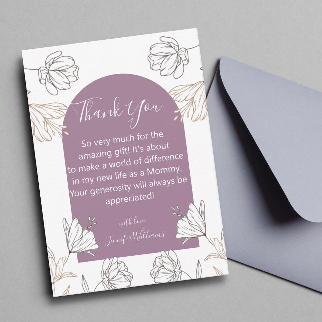 thank you girl baby shower purple arch floral note card (Creator Uploaded)