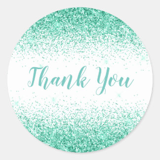 Thank You Glam Green Glitter Elegant Girly Script Classic Round Sticker