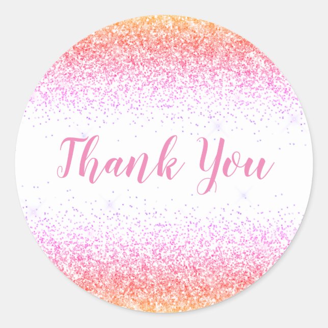 Thank You Glam Pink Glitter Elegant Girly Script Classic Round Sticker (Front)