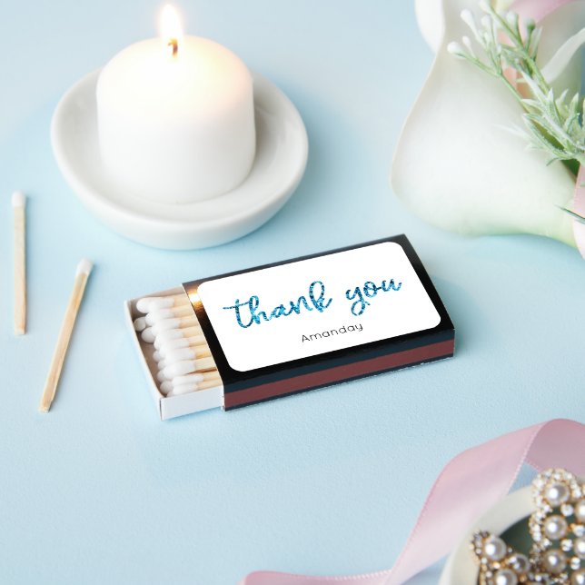 Thank You Glitter Script Name Blue Bridal Favor Matchboxes (Insitu)
