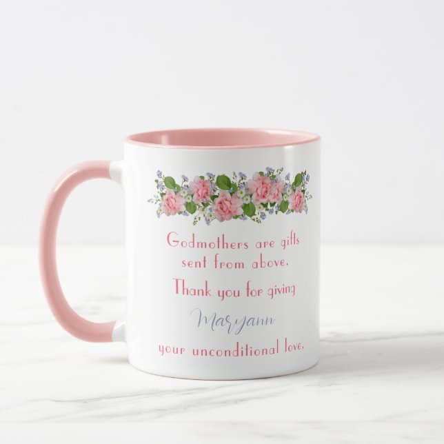 Thank You Godmother Gift Pink Flowers Personalized Mug (Left)