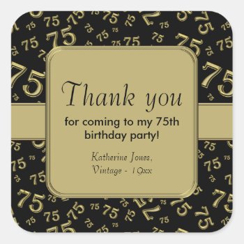 Thank You: Gold And  Black 75th Birthday Party Square Sticker by NancyTrippPhotoGifts at Zazzle