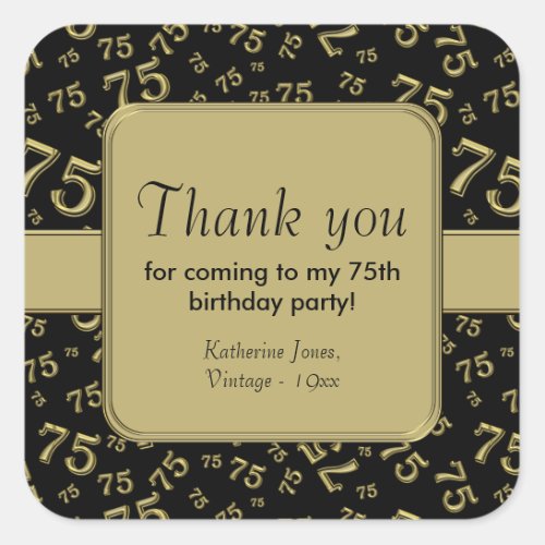 Thank You Gold and  black 75th Birthday Party Square Sticker