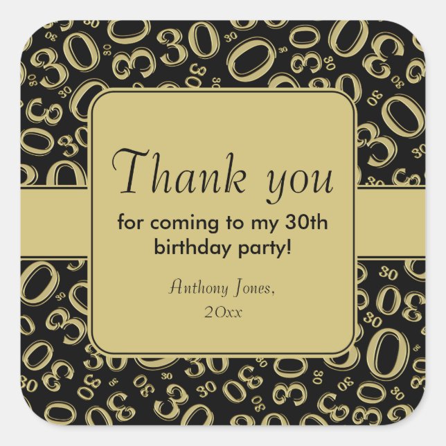 Thank You: Gold/Black 30th Birthday Pattern Square Sticker (Front)