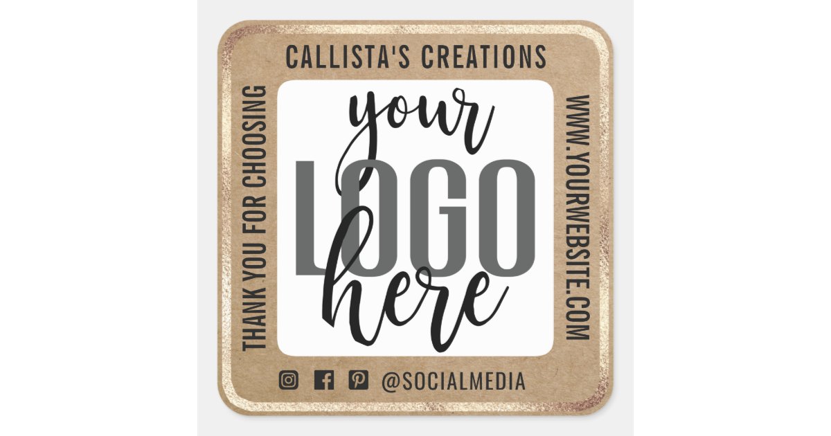 Thank You Gold Border Kraft Paper Business Logo Square Sticker | Zazzle