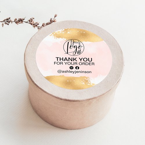 Thank you gold brushstroke pink watercolor order classic round sticker