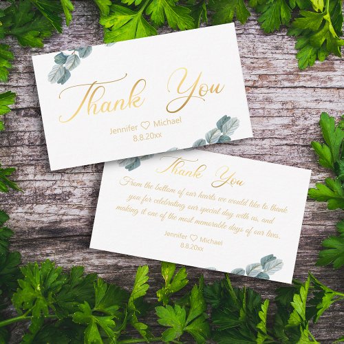 thank yougold calligraphy eucalyptus wedding note card