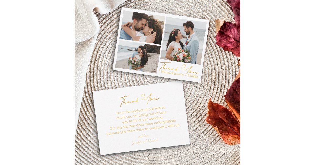 thank you, gold calligraphy wedding photo collage note card | Zazzle