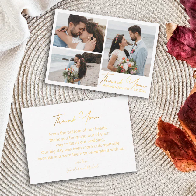 thank you, gold calligraphy wedding photo collage note card | Zazzle