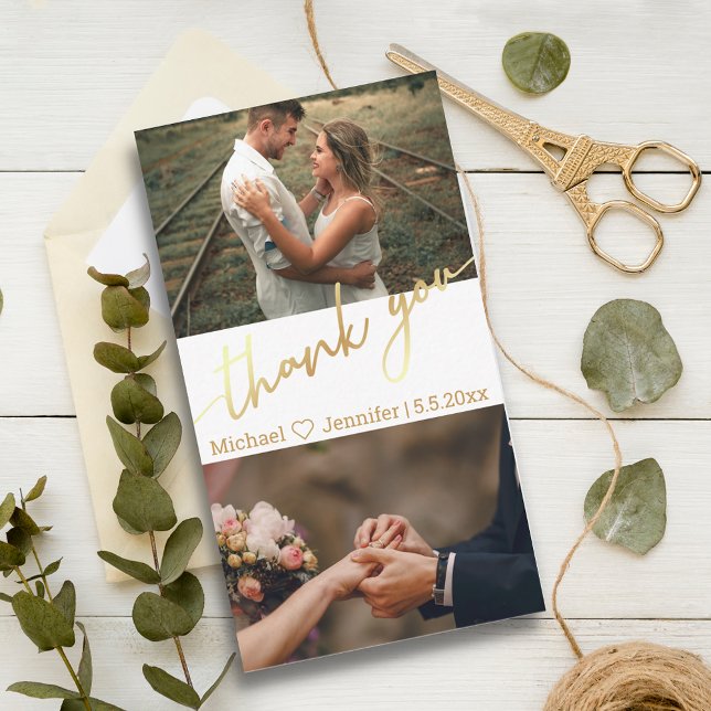 thank you gold calligraphy wedding photo collage note card (Creator Uploaded)