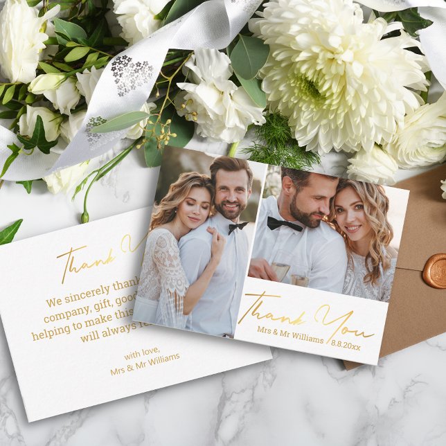 thank you,gold calligraphy wedding photos collage note card (Creator Uploaded)