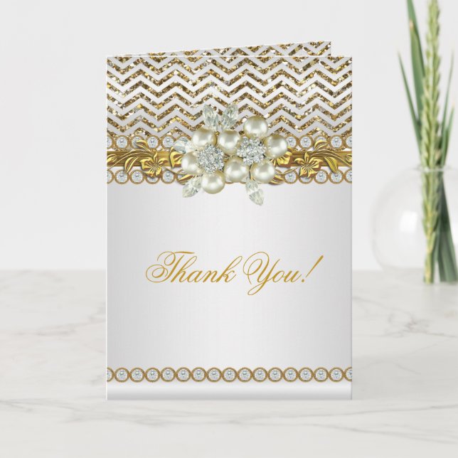 Thank You Gold Chevron White Diamond Pearl Card (Front)