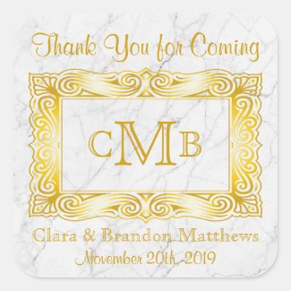 Thank You Gold Classic Monogram Frame White Marble Square Sticker