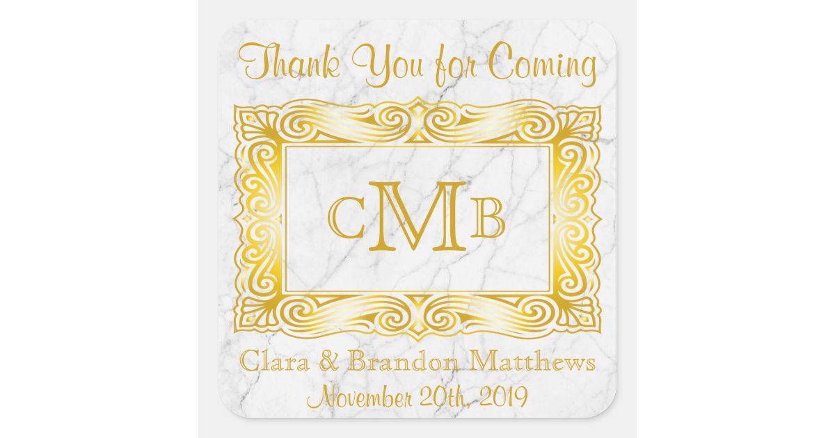 Thank You Gold Classic Monogram Frame White Marble Square Sticker | Zazzle