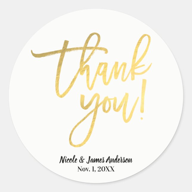 THANK YOU Gold Foil Modern Script Wedding Favor Classic Round Sticker (Front)