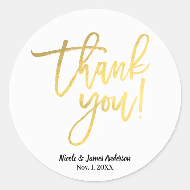 THANK YOU Gold Foil Modern Script Wedding Favor Classic Round Sticker ...