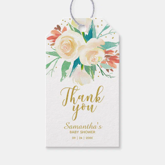 Thank You Gold Glitter Calligraphy Floral Favor Gift Tags | Zazzle