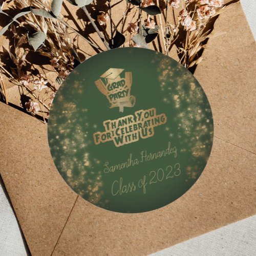 Thank You Gold Glitter  Green Graduation Party Classic Round Sticker