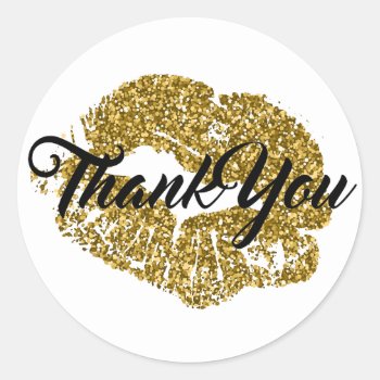 Thank You Gold Glitter Lips Classic Round Sticker by TheLipstickLady at Zazzle