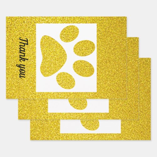 Thank You Gold Glitter Paw Prints Cute Holiday Wrapping Paper Sheets