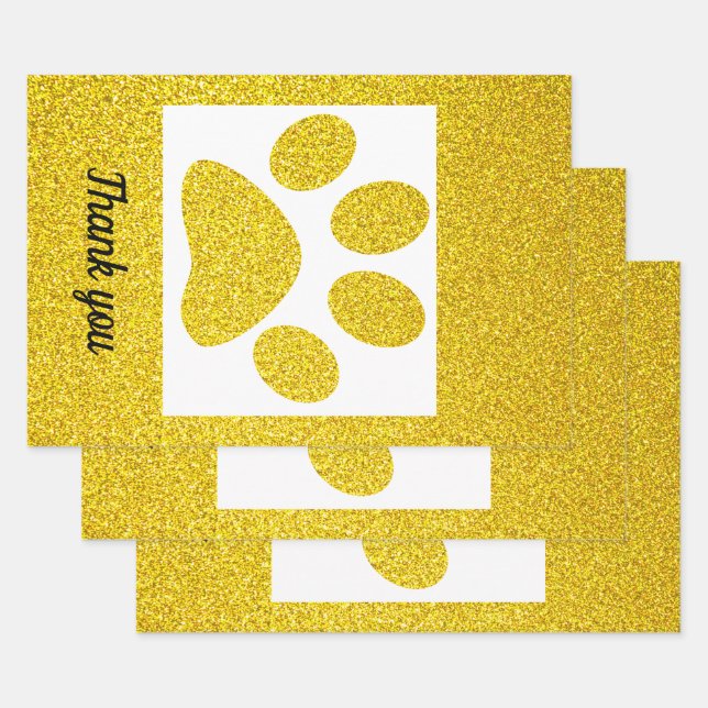 Thank You Gold Glitter Paw Prints Cute Holiday Wrapping Paper Sheets (Set)