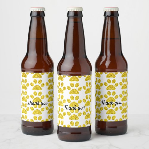 Thank You Gold Glitter Paw Prints Cute Holidays Beer Bottle Label