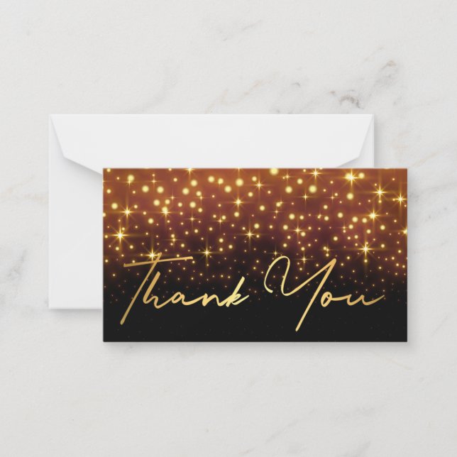 thank you gold handwriting black golden sparkles  note card (Front)