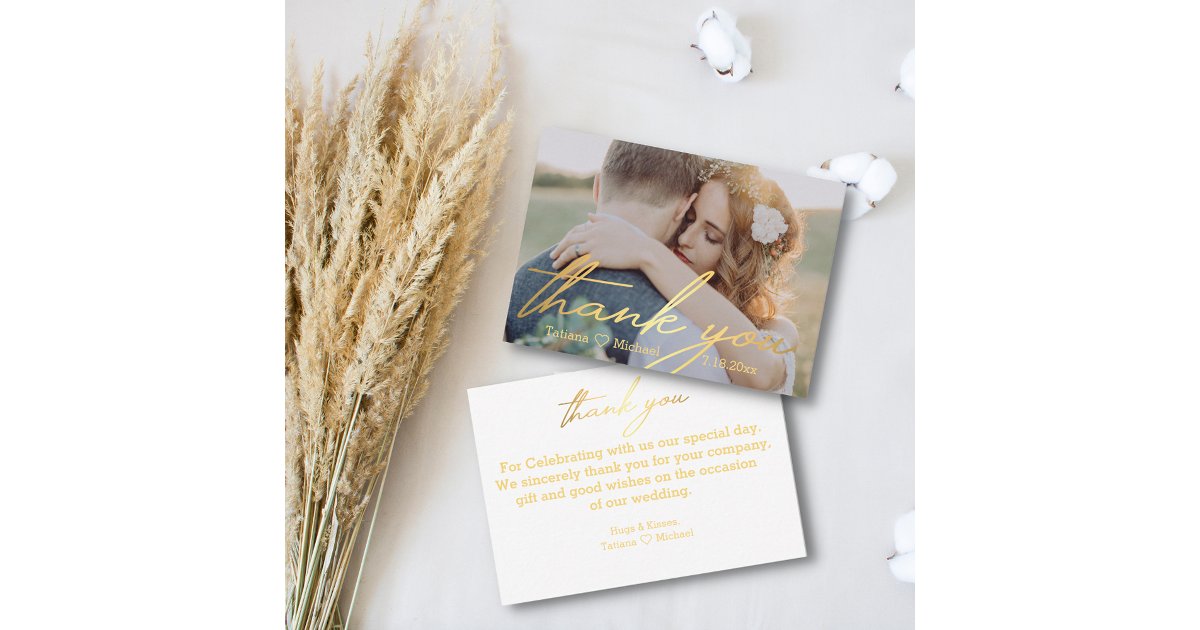 thank you,gold handwriting wedding photo note card | Zazzle