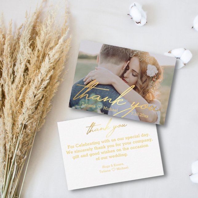 thank you,gold handwriting wedding photo  note card (Creator Uploaded)