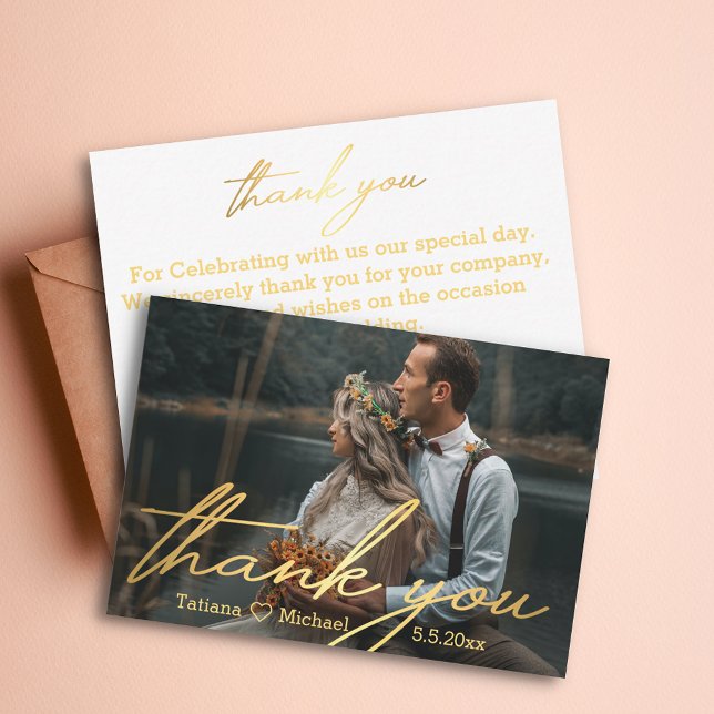 thank you,gold handwritten script wedding photo note card (Creator Uploaded)