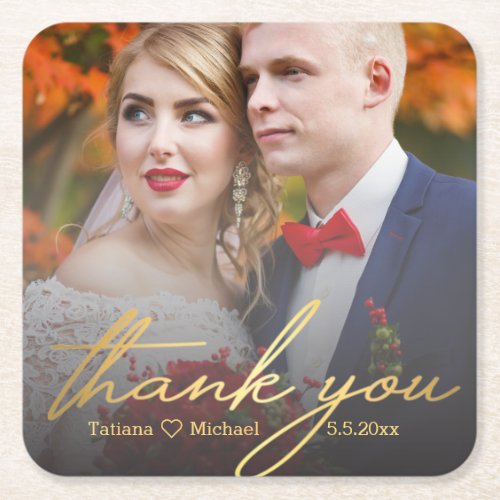 thank yougold  handwritting wedding day photo   square paper coaster