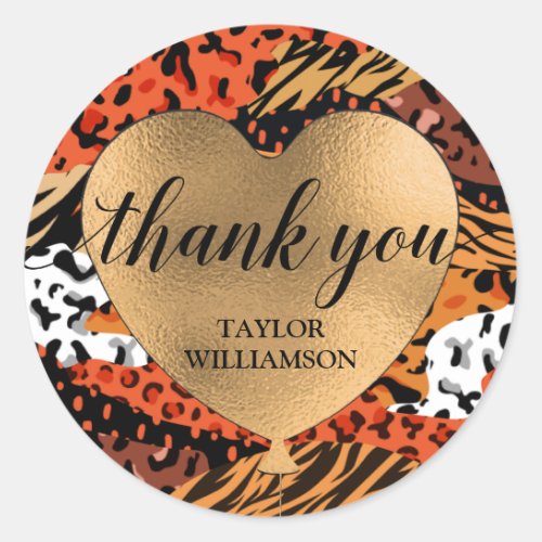 Thank You Gold Heart Balloon Animal Print Classic Round Sticker