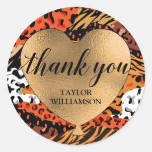 Thank You Gold Heart Balloon Animal Print Classic Round Sticker