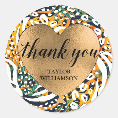 Thank You Gold Heart Balloon Animal Print Classic Round Sticker