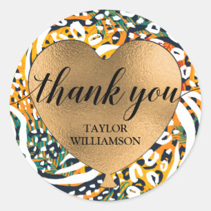 Thank You Gold Heart Balloon Animal Print Classic Round Sticker