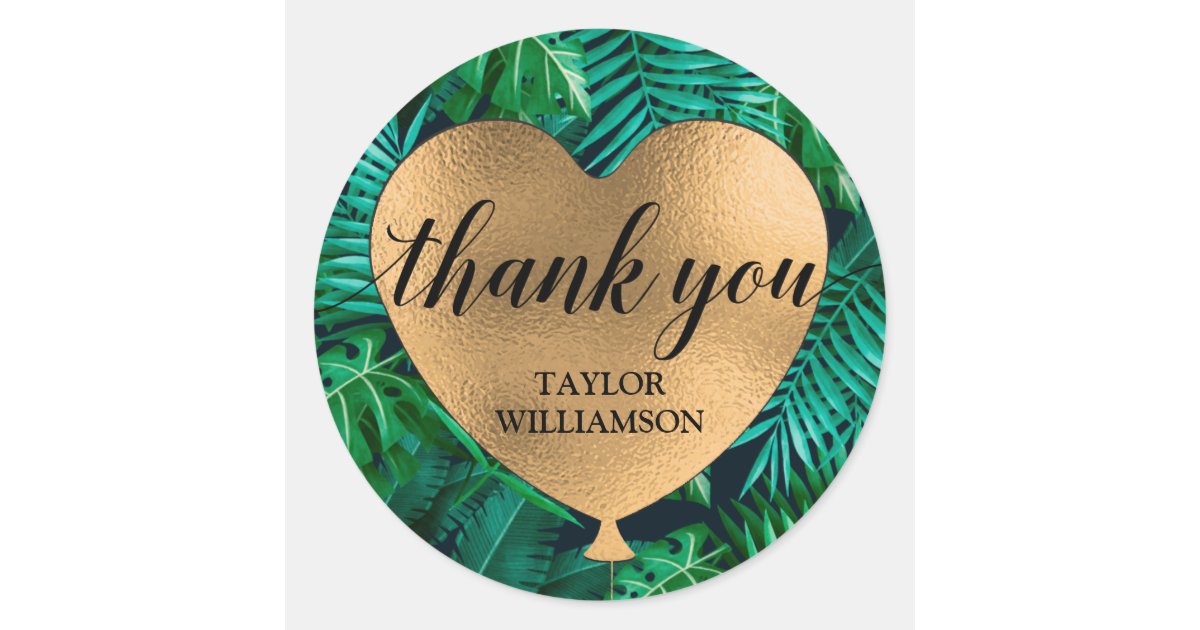Thank You Gold Heart Balloon Tropical Plants Classic Round Sticker | Zazzle