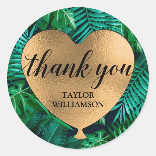 Thank You Gold Heart Balloon Tropical Plants Classic Round Sticker (Front)