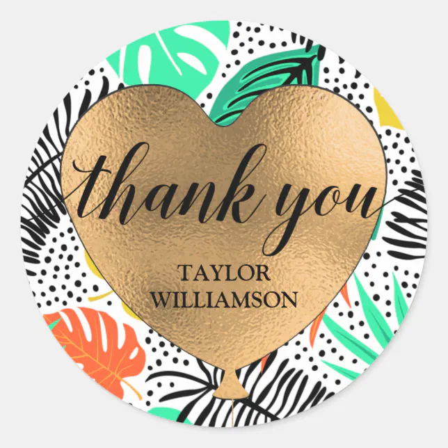 Thank You Gold Heart Balloon Tropical Plants Classic Round Sticker | Zazzle