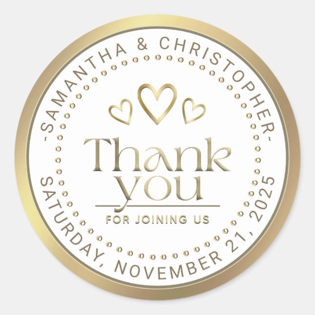 Thank You Gold Hearts Wedding Favor  Classic Round Sticker (Front)