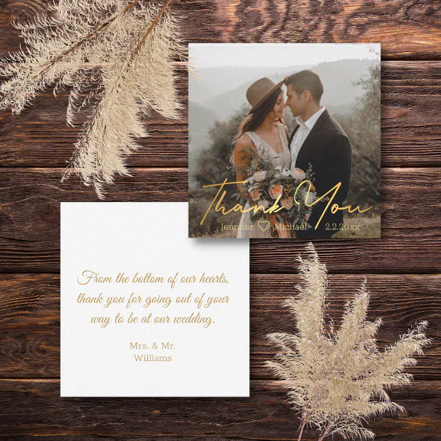 thank you gold luxury handwriting wedding photo note card | Zazzle