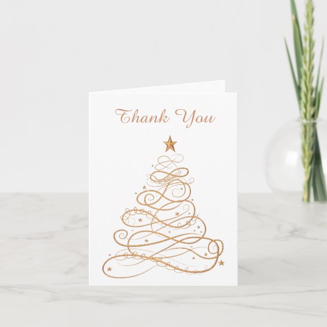 "Thank you" Gold Metallic Filigree Christmas Tree Thank You Card (Front)