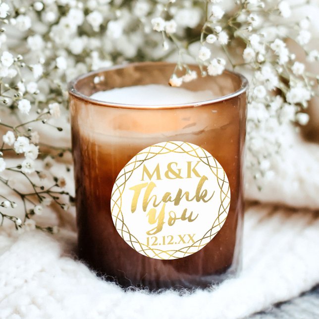 Thank You Gold Monogram Wedding Favor Sticker (Just add your initials and special date this these fancy faux foil stickers.)