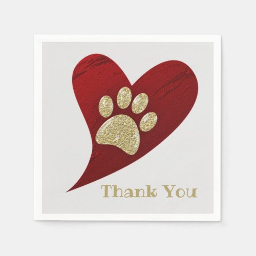Thank You Gold Paw Print Red Heart Appreciation Napkins