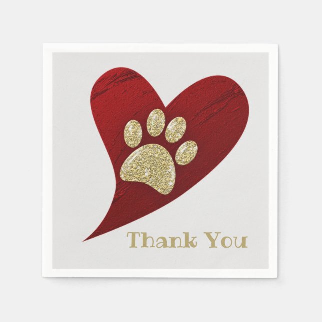Thank You Gold Paw Print Red Heart Appreciation Napkins (Front)