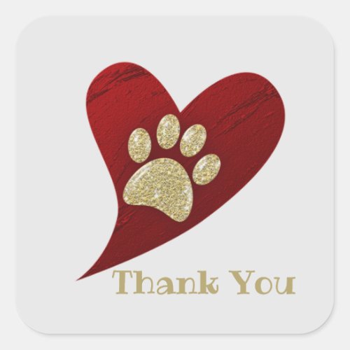 Thank You Gold Paw Print Red Heart Appreciation Square Sticker