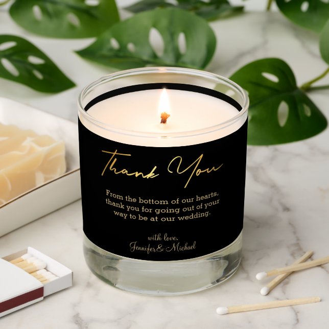 thank you gold script black minimalist wedding scented candle (Lit)