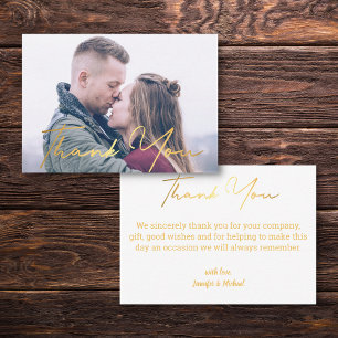 thank you,gold script couple wedding photo  note card