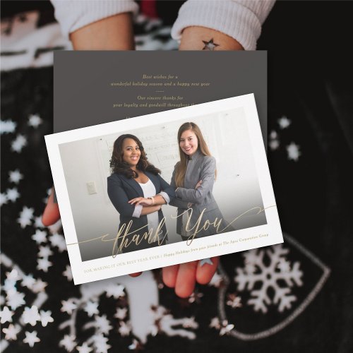 Thank You Gold Script Photo Stylish Chic Business Holiday Card